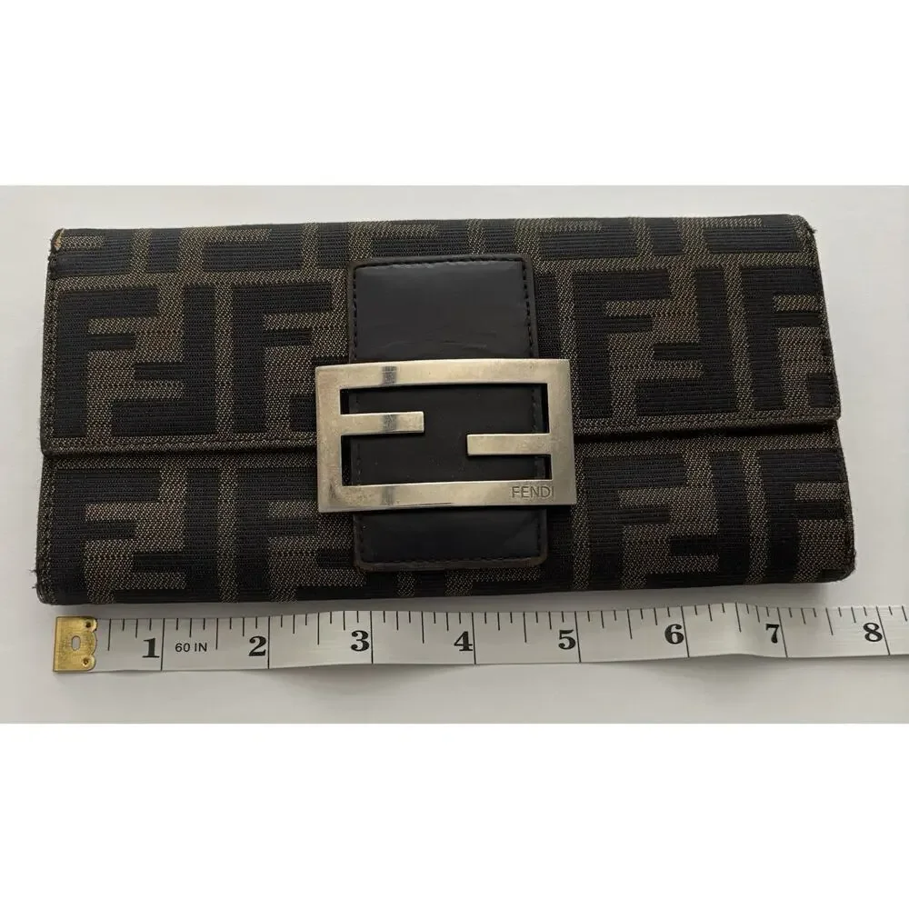Fendi FF Zucca Logo Long Clutch Flap Wallet Credit Card Zipper Brown Black